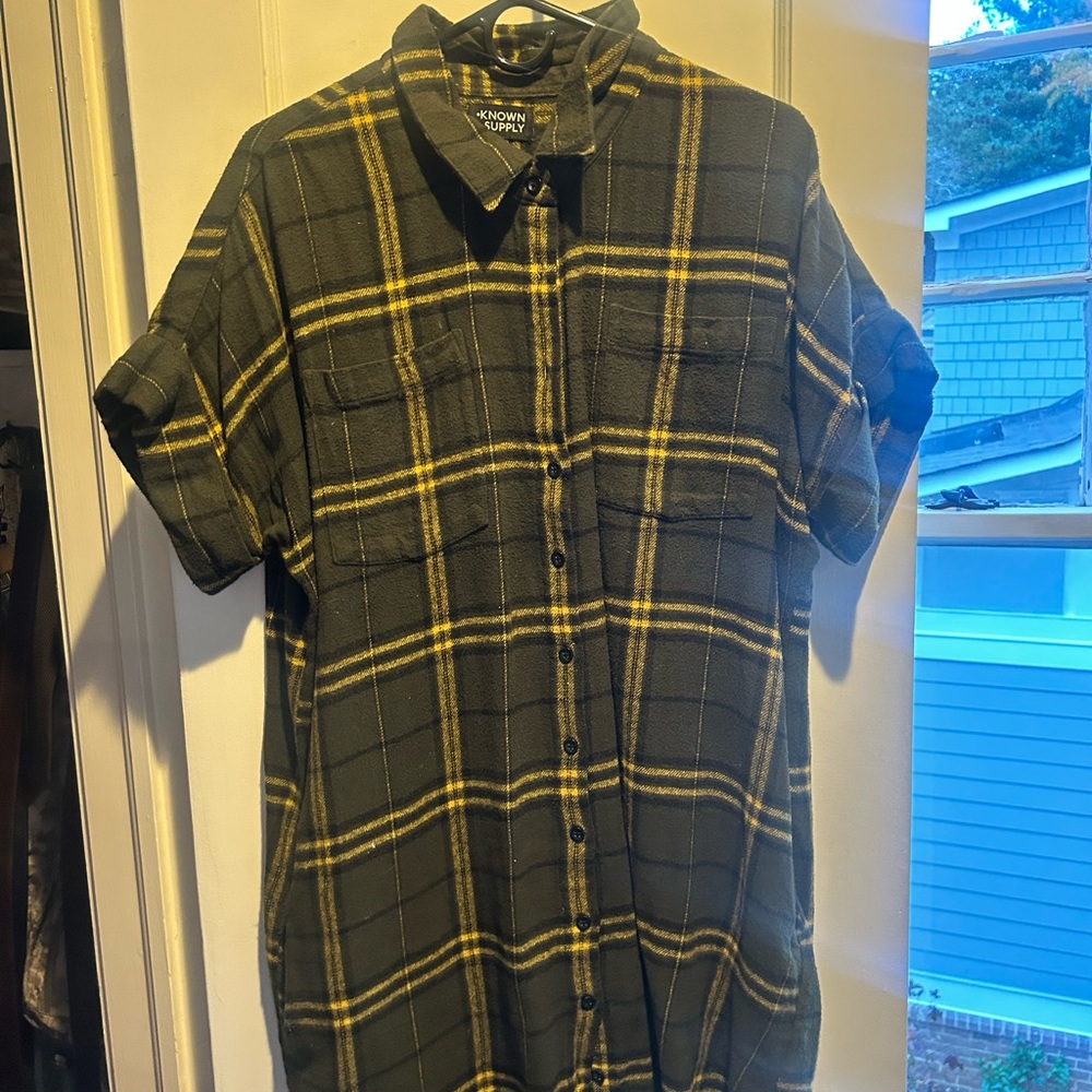 Women's Black and Yellow Plaid Button Down Dress